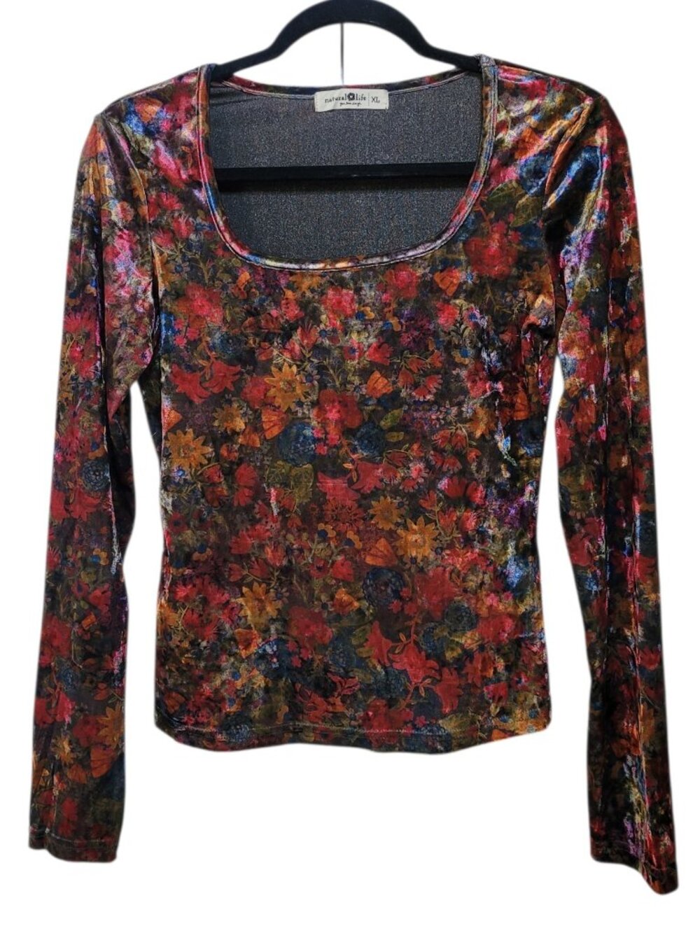 Natural Life Danielle Velvet Top XL Floral Square Neck Long Sleeve Boho